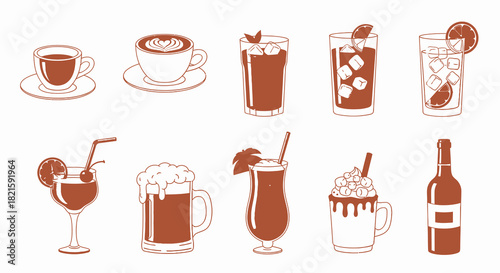 Collection of Various Beverages Coffee Cocktails Beer and Wine.