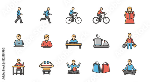 Diverse Activities and Lifestyles Depicted in Colorful Icon Set.