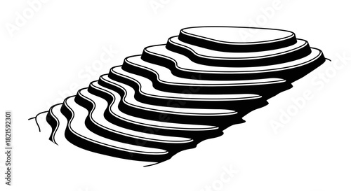 Illustration of Terraced Fields or Steps in Black and White.