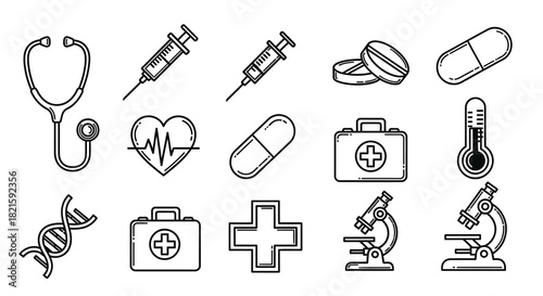 Medical Icons Set Stethoscope Syringe Pills Thermometer Microscope and More.