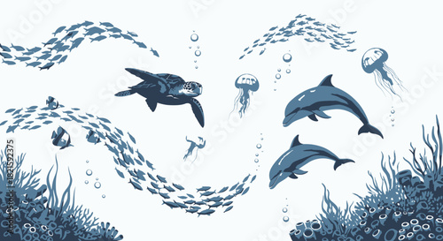 Marine Life Illustration Dolphins Turtle Jellyfish and School of Fish.