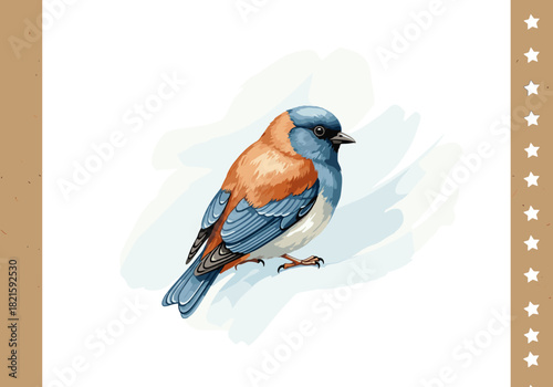 Colorful bird illustration with blue and orange feathers on white background  