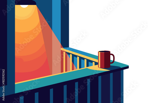 Urban balcony with warm lights and coffee mug at sunset concept of Christmas and New Year  