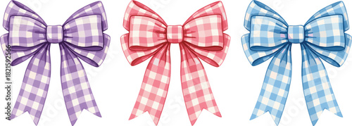 Gingham Check Bow Vector Set in Pastel Colors, Decorative Lilac, Pink, and Blue Ribbon Illustration