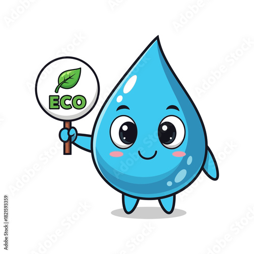 Cute cartoon water drop character with friendly eyes and smile, holding an 'eco' sign with a green leaf, promoting environmental conservation.
