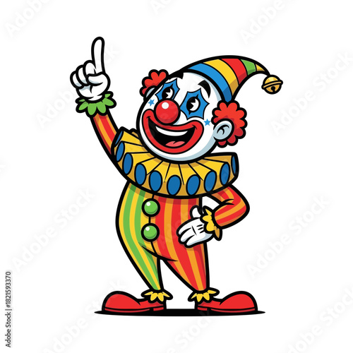 Smiling cartoon clown in vibrant, colorful costume happily pointing finger upwards, representing joy, entertainment, and playful celebration of life.