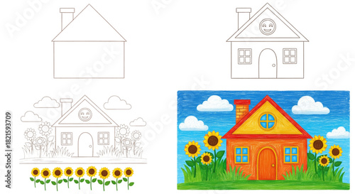 Step By Step Drawing Tutorial House Coloring Page for Kids Summer Sunflower Garden Fun