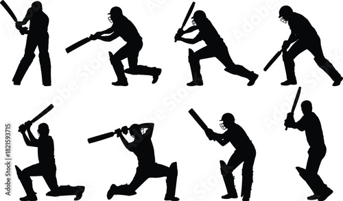 Cricket batting silhouette vector set, black player poses, swing action, helmet pads gear, sports graphic, athletic illustration, design