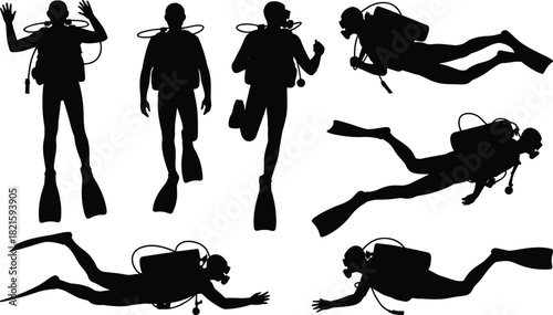 Scuba diver silhouettes, underwater diving poses, black vector icons, scuba gear illustration, swimming, walking, running, aquatic activity graphics