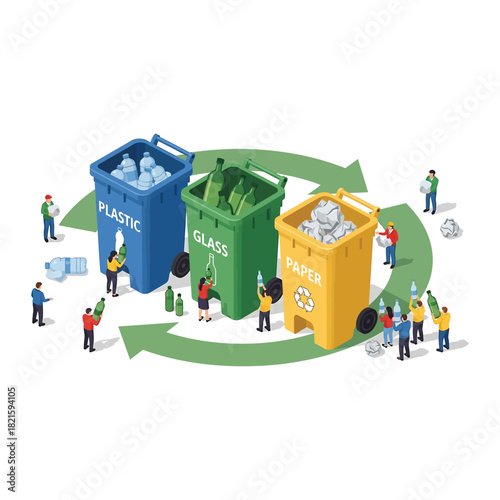 People sorting waste into recycling bins for plastic, glass and paper to promote environmental awareness and sustainability in a clean and organized manner.