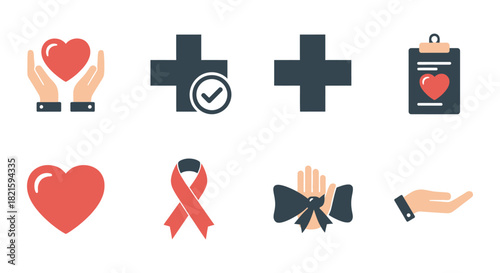 A versatile collection of flat icons representing concepts of charity, healthcare, donation, and community support
