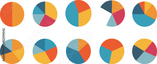 Colorful pie chart set vector, segmented data visualization icons, infographic comparison graphics, statistical distribution design elements