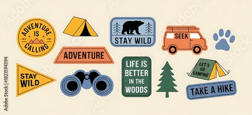 Vintage style camping adventure patches and stickers collection for outdoor enthusiasts