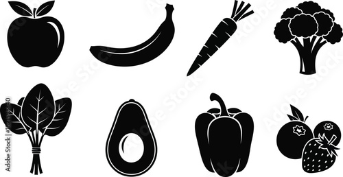Black and white vector silhouettes of various healthy fruits and vegetables