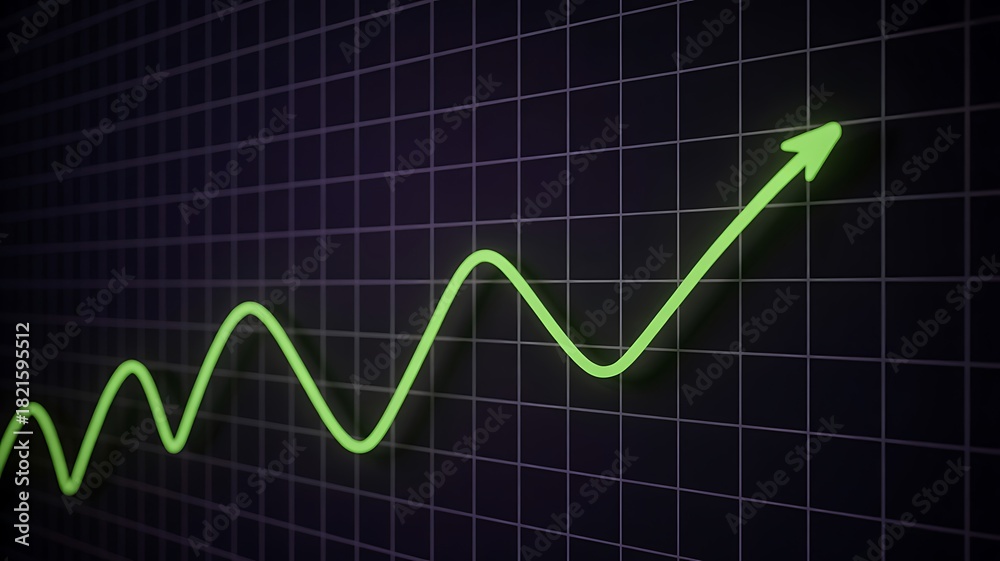 Naklejka premium Glowing green graph line on dark grid background showing upward trend and financial growth