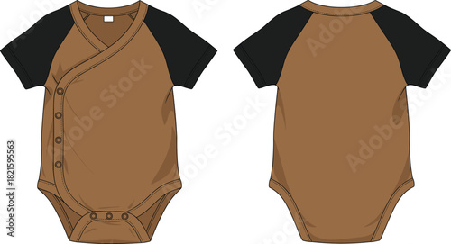 Kimono Wrap Baby Onesie Vector Technical Flat, Snap Closure Bodysuit with Raglan Sleeves Apparel Mockup