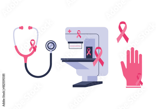 Breast Cancer Awareness Mammogram, Stethoscope, Glove with Pink Ribbon