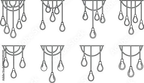 Abstract hand drawn doodle chandelier light bulb hanging fixture line art element collection set. simple decorative electric outline for interior home decor graphic illustration.