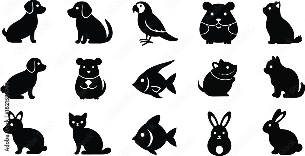 Fototapeta premium Collection of domestic animal silhouettes for pet shop or veterinary clinic