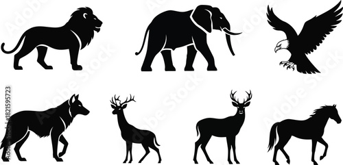 Silhouette wild animals collection featuring lion elephant eagle dog deer and horse