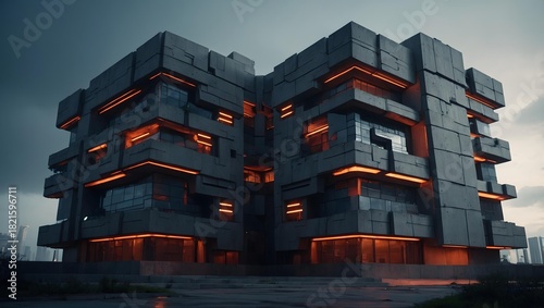 futuristic cityscape featuring a colossal brutalist megastructure made of reinforced concrete and metallic elements, captured from an extreme low-angle perspective