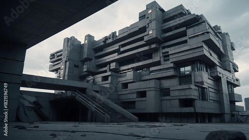 futuristic cityscape featuring a colossal brutalist megastructure made of reinforced concrete and metallic elements, captured from an extreme low-angle perspective