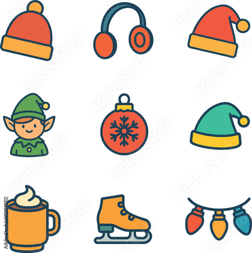 Colorful flat Christmas icon set including winter hat earmuffs santa hat elf character bauble elf hat hot chocolate ice skate and lights