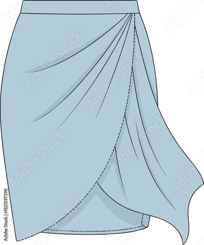 Light Blue Tulip Draped Skirt Vector Illustration, Stylish Women's Wrap Apparel Technical Flat