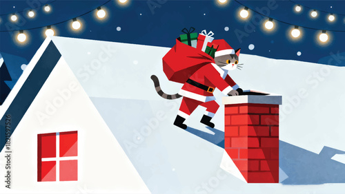 Illustration Of A Cat Wearing A Red Santa Costume While Carrying A Sack Filled With Presents Vector Design Template
