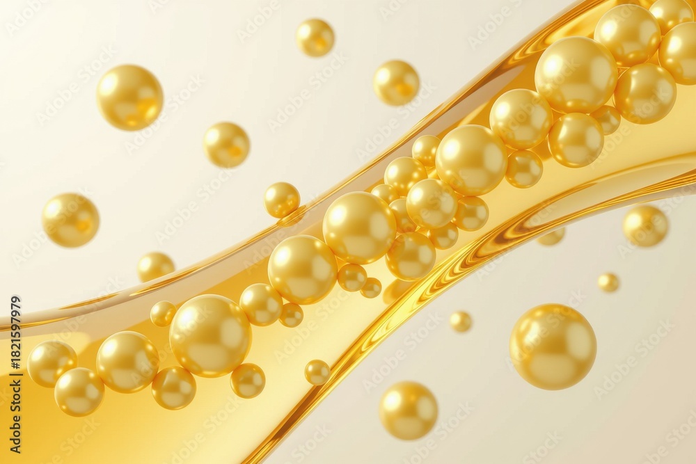Obraz premium 3D render of collagen peptide molecules in a golden liquid featuring pearl-like droplets with reflections, showcasing a scientific and visually appealing aesthetic.