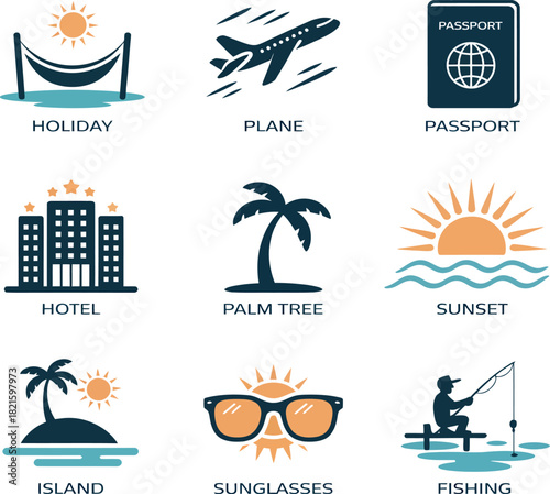 Diverse travel and vacation themed flat graphic icon collection