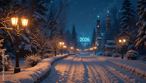 Snowy village street with glowing lanterns and 2026 sign at night winter