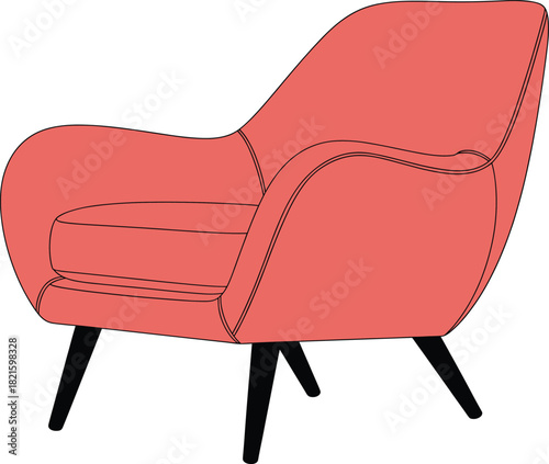 Mid-Century Modern Armchair Vector Illustration, Elegant Coral Upholstery with Tapered Black Legs