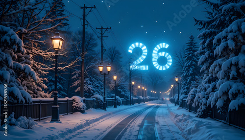 Snowy Winter Road Lined with Lanterns and the Number 26 path