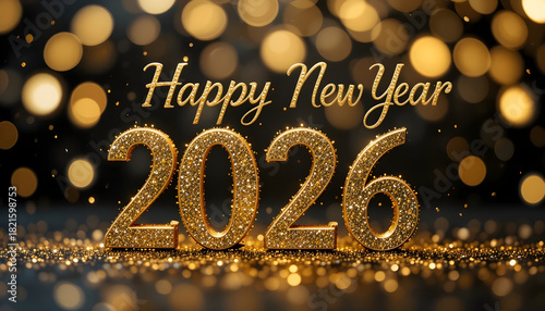 Sparkling 2026 numbers and Happy New Year text with bokeh lights celebration festive