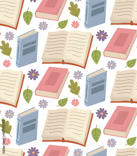 Seamless pattern with books, green leaves and flowers. Colorful background with paper literature and plants