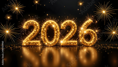 Sparkling 2026 numbers with fireworks and reflections on dark surface new year celebration