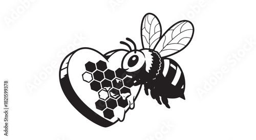 Illustration of a bee with honeycomb in a monochrome vector design depicting pollination and nature.