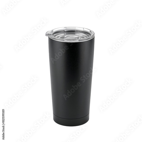 Stylish Black Tumbler With a Clear Lid for Coffee or Tea on a Wooden Table