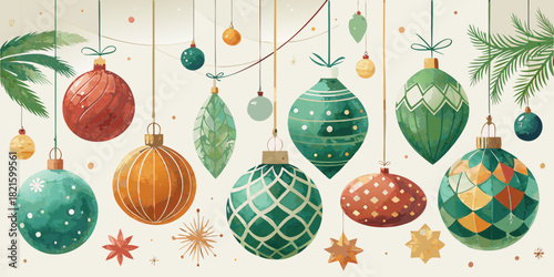 Shiny gold and red Christmas baubles and hanging snowflakes decoration vector set with decorated Easter eggs