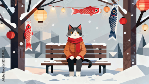 Illustration Of A Cat Sitting On A Snowy Bench With Trees Decorated With Lanterns Vector Design Template