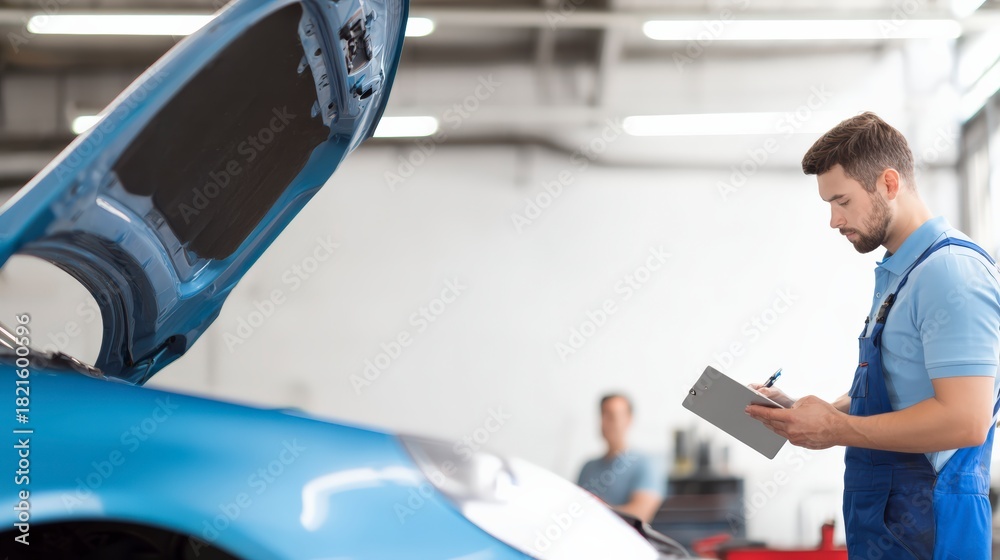 Fototapeta premium Skilled mechanic conducting detailed car inspection in auto repair shop. Professional vehicle maintenance and diagnostics for optimal performance.