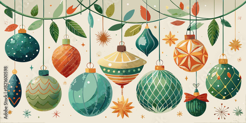 Vintage Christmas greeting card design with vector pattern of decorated hanging eggs and winter season snowflakes