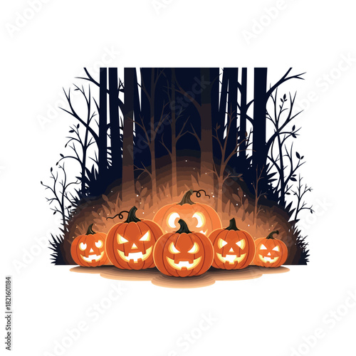 Spooky Halloween Pumpkins Glowing in a Dark Forest Night