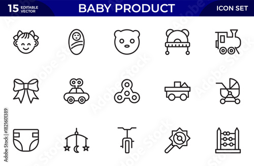 Baby Product and Game outline Icon Set. A charming collection of icons designed for parents and caregivers, perfect for websites, apps, and marketing materials focused
