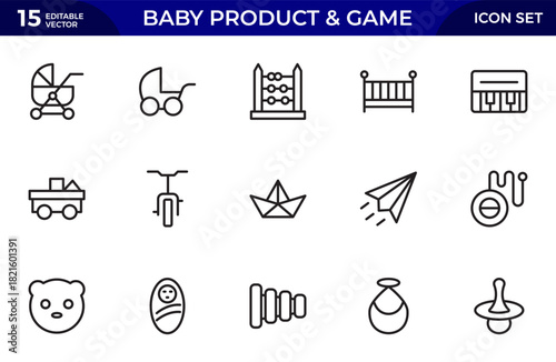 Baby Product and Game outline Icon Set. A charming collection of icons designed for parents and caregivers, perfect for websites, apps, and marketing materials focused 
