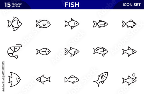 Fish line icon set. Sea creatures line icon set. Maritime concept. Shell, turtle, fish, whale. Thin outline icons pack. Vector illustration