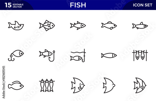 Fish line icon set. Sea creatures line icon set. Maritime concept. Shell, turtle, fish, whale. Thin outline icons pack. Vector illustration
