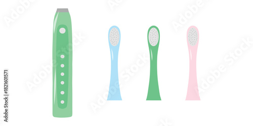 Electric toothbrush and brush heads illustration. Rechargeable brush with spare heads, vector. Toothbrush with attachment heads, dental set