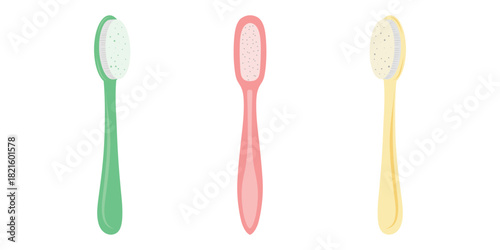Set of manual toothbrushes, pastel brushes. Three toothbrushes vector, dental hygiene. Manual toothbrush illustration, bathroom care